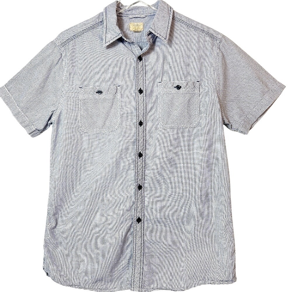 TreVero‎ Micro Checker Blue Short Sleeve Cotton Button Down Shirt Men's Large